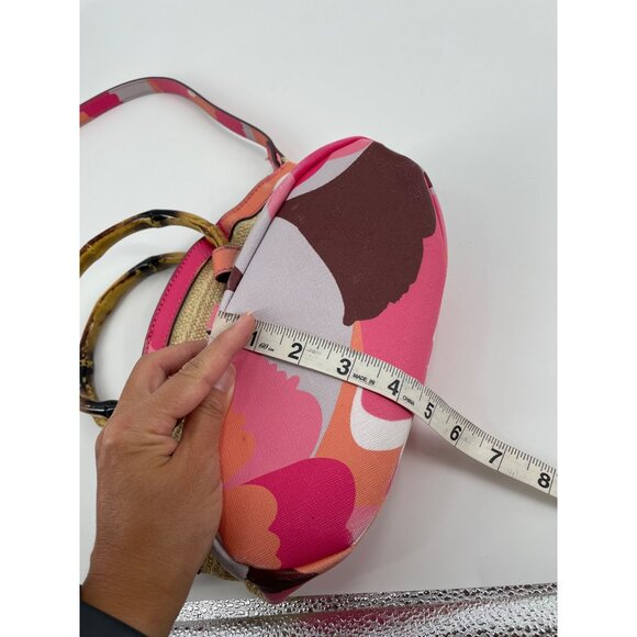 Trina Turk Rainbow Petals Floral Straw Satchel Crossbody Bag Bamboo Handles - Picture 6 of 9